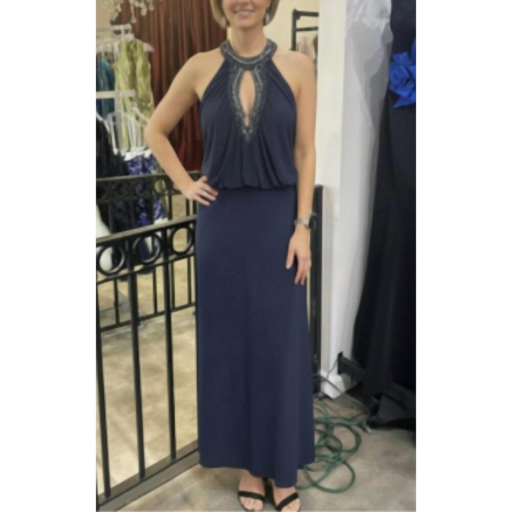 NEW MIGNON beaded halter neckline gown in midnight